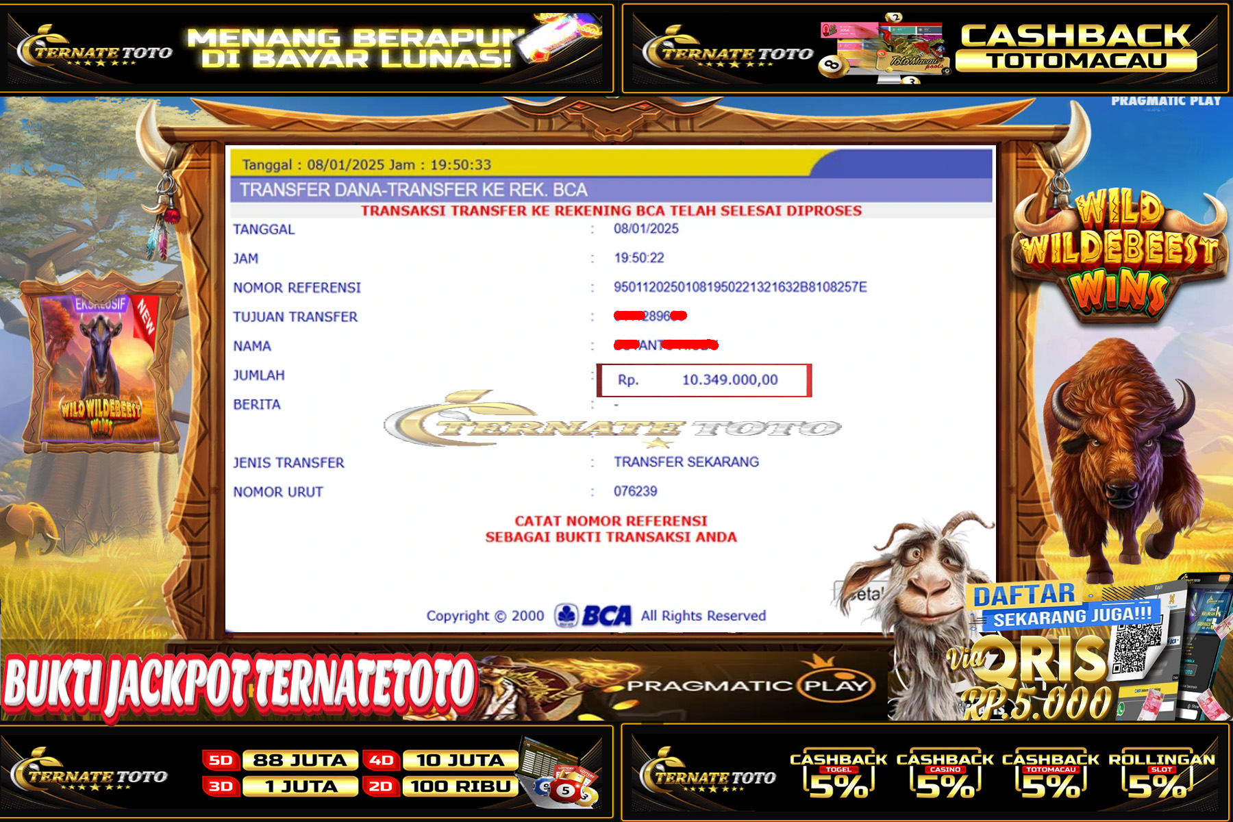 TERNATETOTO - JACKPOT SLOT WILD WILDEBEEST WINS Rp. 10,349,000,-